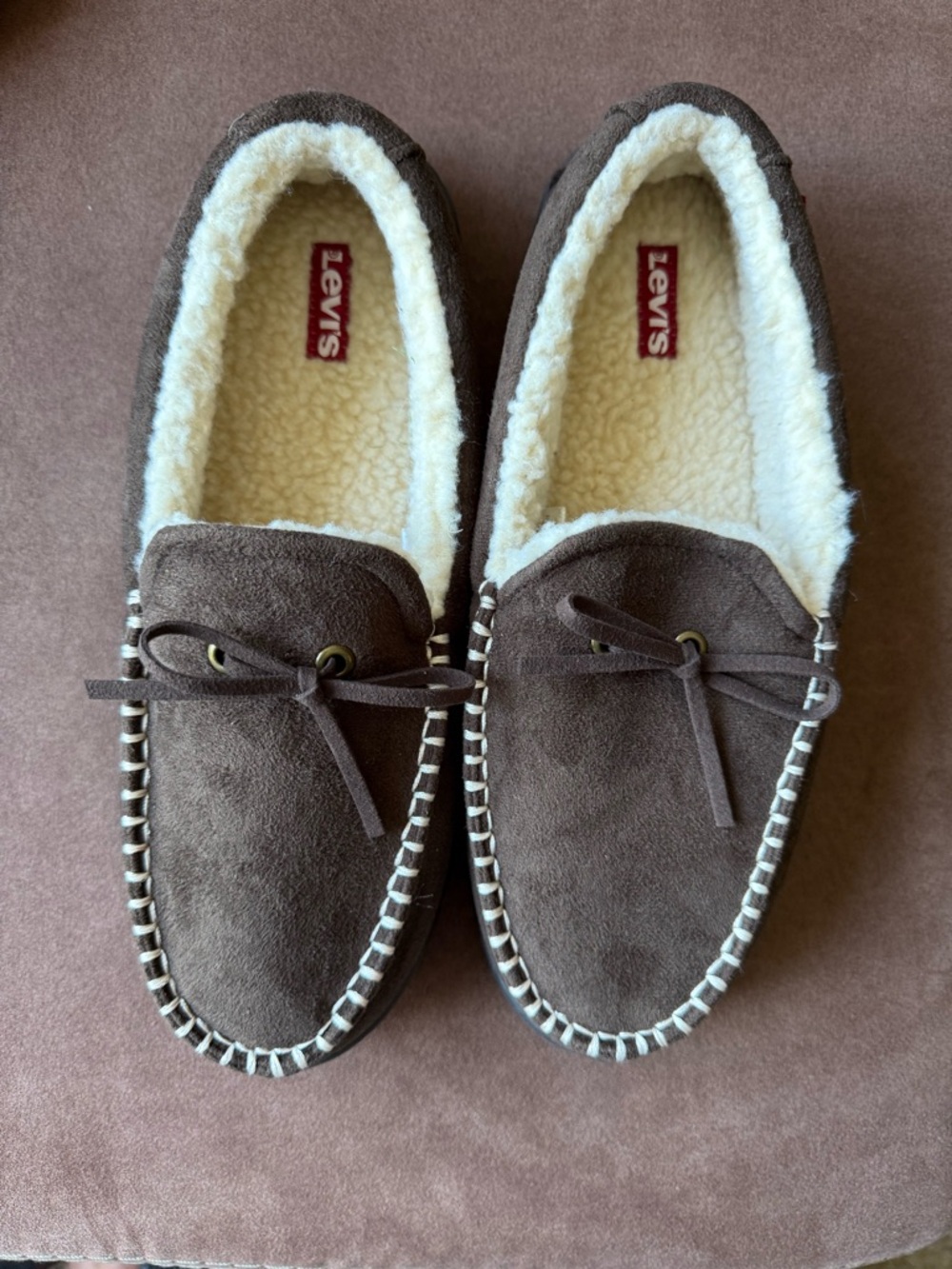 Levi's Brown Suede Moccasin Slippers with Cream Sherpa Lining